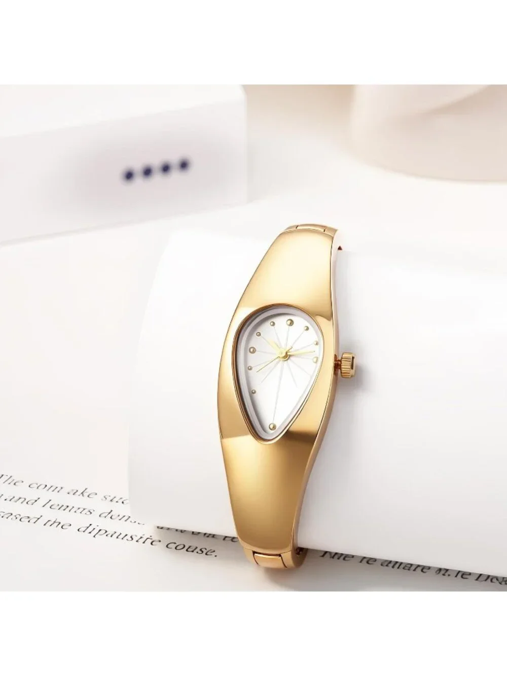 Women's Gold White Stainless Steel Strap Teardrop Shape Dial Quartz Wrist Watch